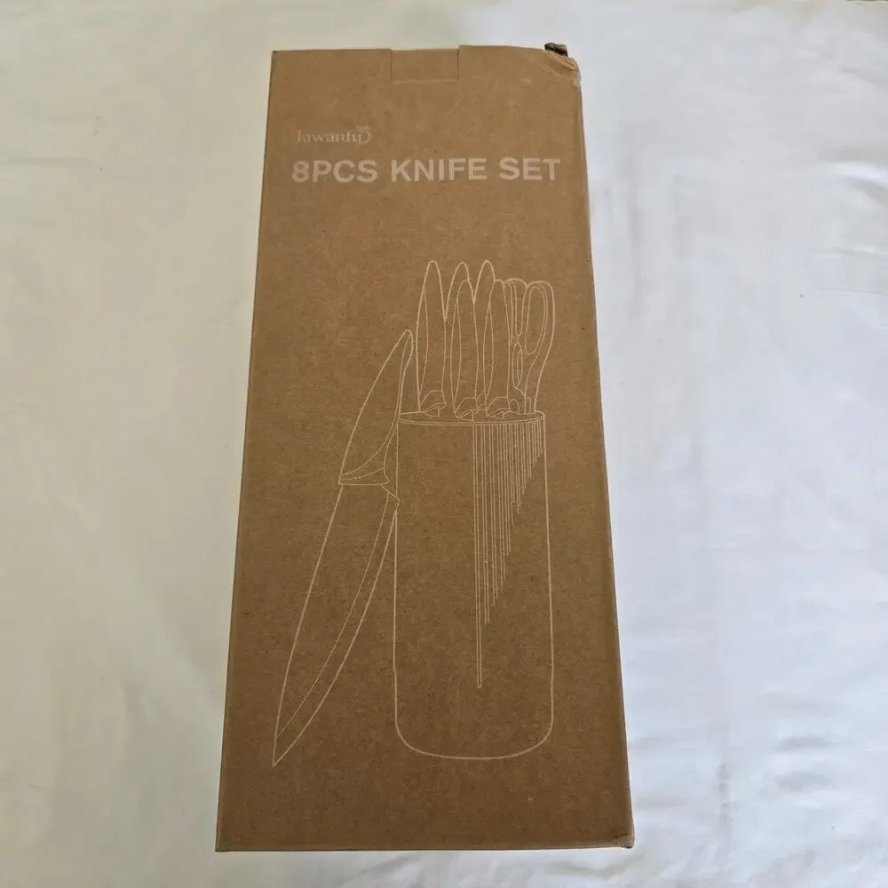 Jawanfu 8 Piece Knife Set Black & Orange Damascus Pattern NIB